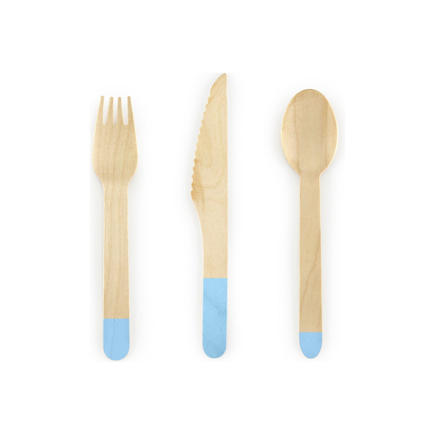 Set of wooden cutlery with blue dipped handles on a white background