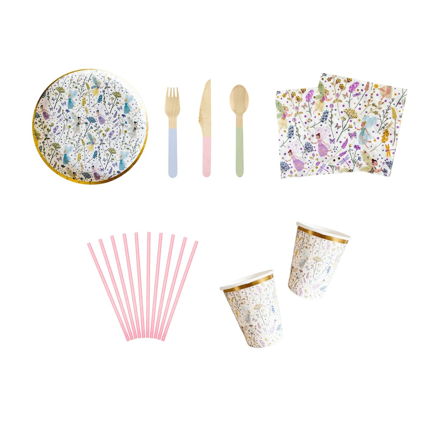 Party supplies including plates, cups, straws, and utensils with floral patterns on a white background.
