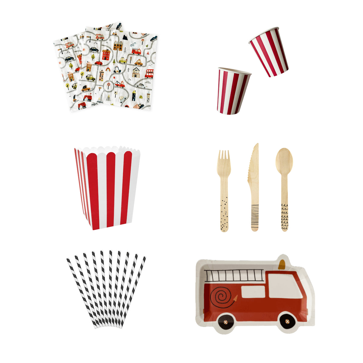 Collection of party supplies including cups, plates, and cutlery with a fire truck theme on a white background.