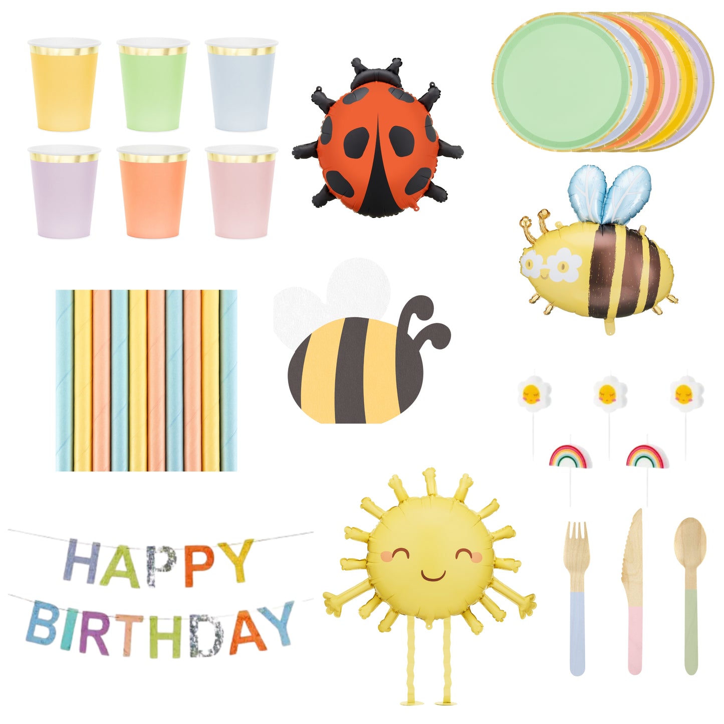 Collection of colorful party supplies including cups, plates, a ladybug, bees, and 'Happy Birthday' banner.
