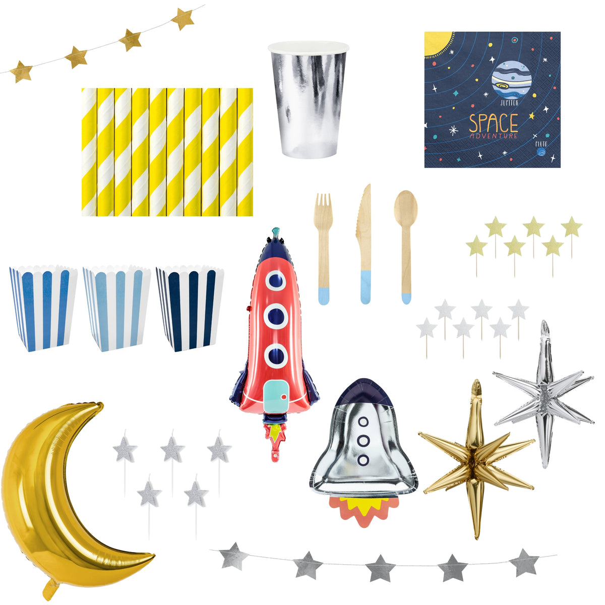 Collection of space-themed party supplies including straws, cups, and balloons on a white background.