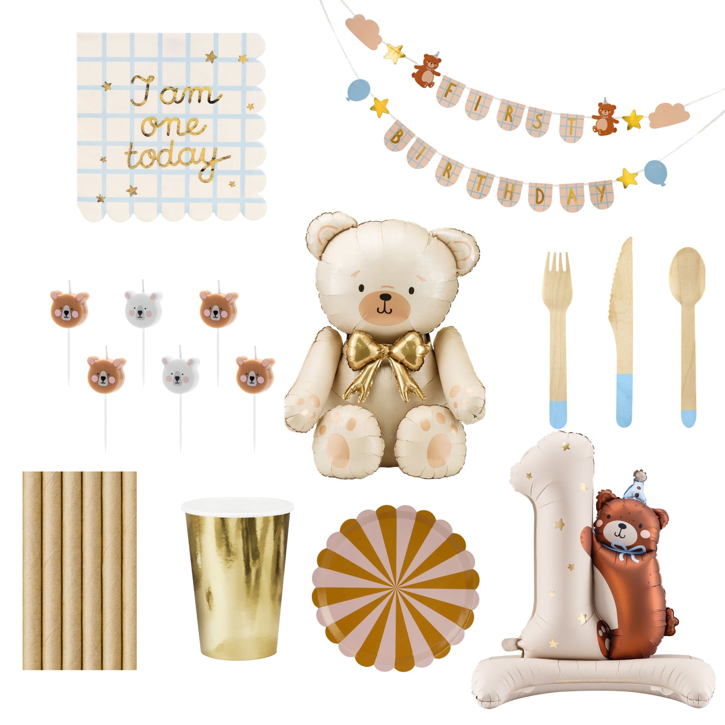 Collection of birthday-themed items including a teddy bear, balloons, and cutlery on a white background.
