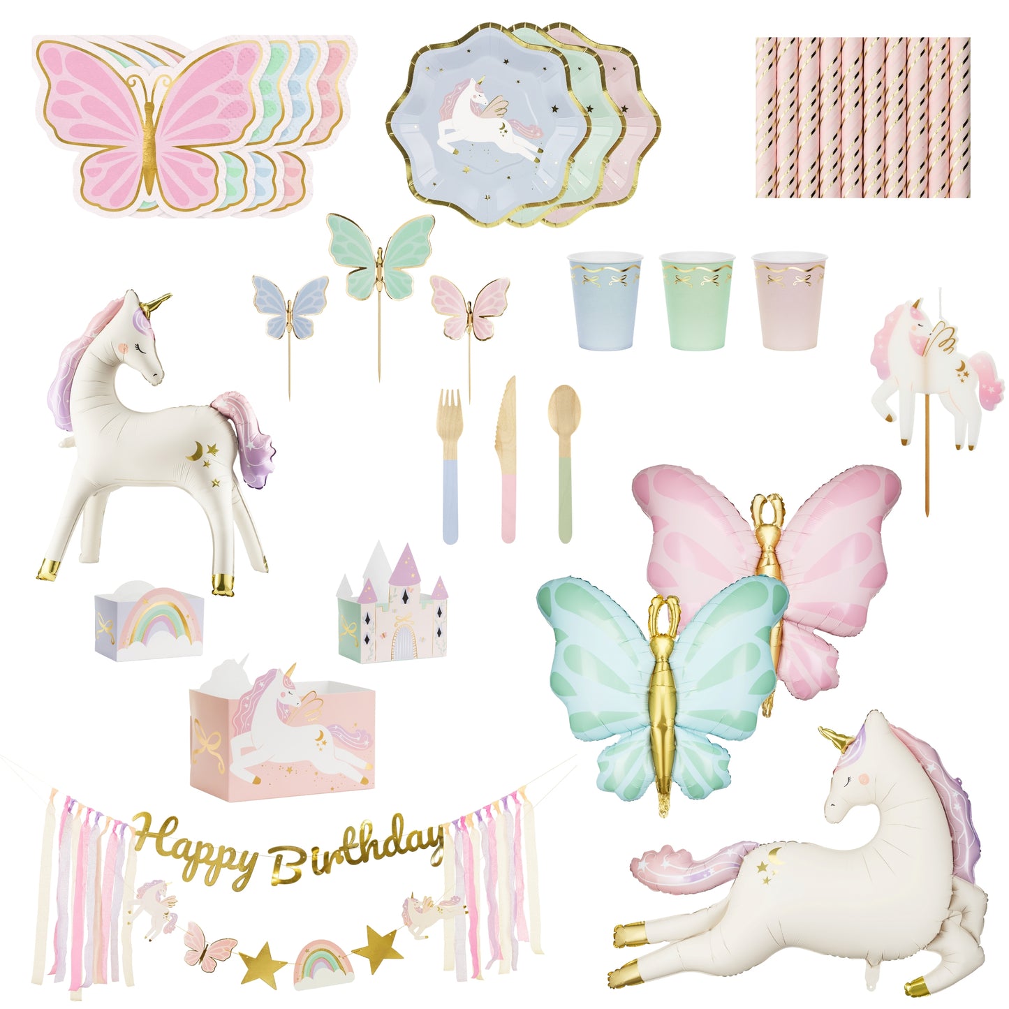 Collection of unicorn and butterfly-themed party supplies including plates, cups, utensils, and decorations.