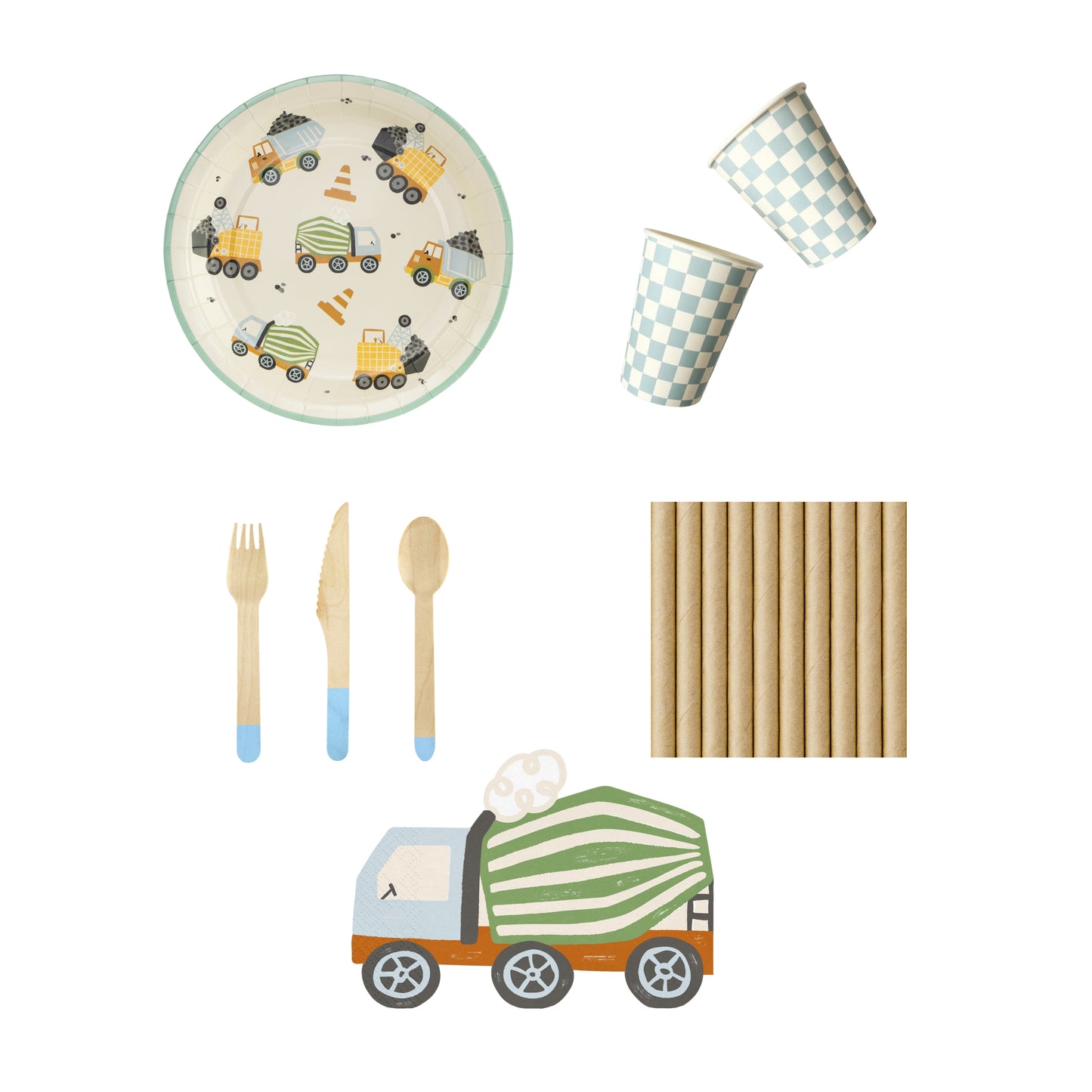 Children's tableware little builder-themed set with plates, cups, cutlery, and straws featuring vehicle designs on a white background.