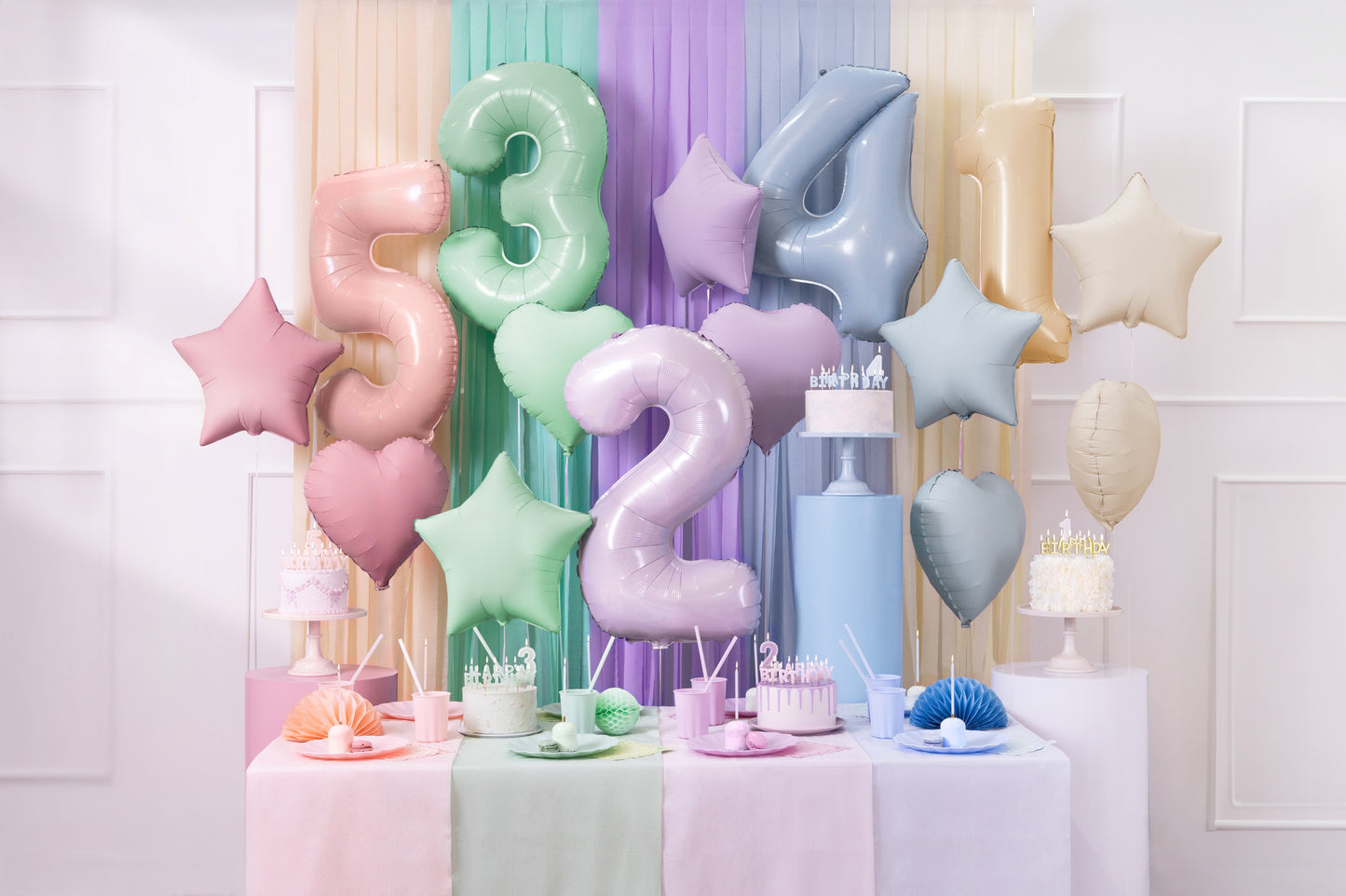 Mixed pastel color foil balloon, numbers, stars, hearts
