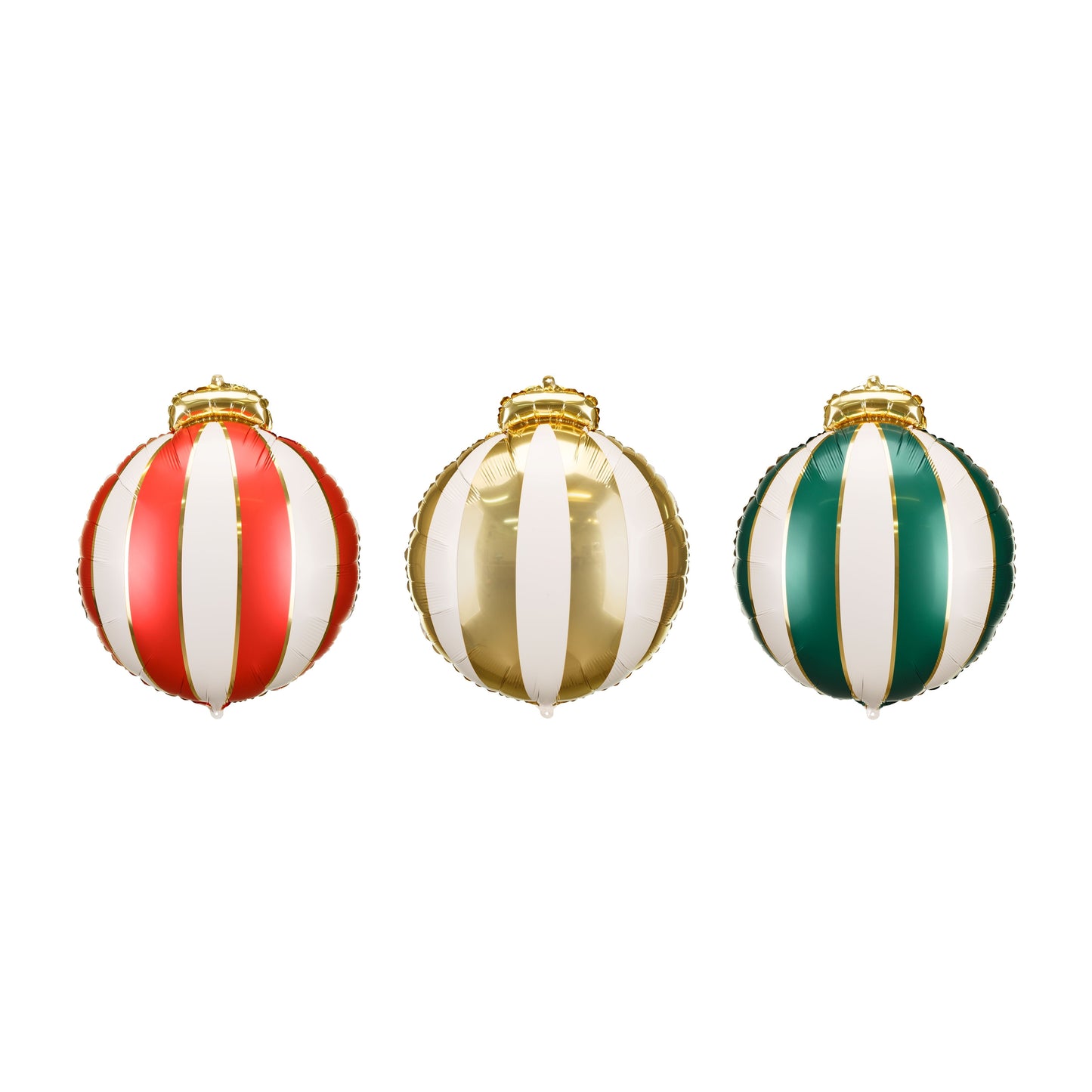 Three striped Christmas ornaments in red, gold, and green on a white background