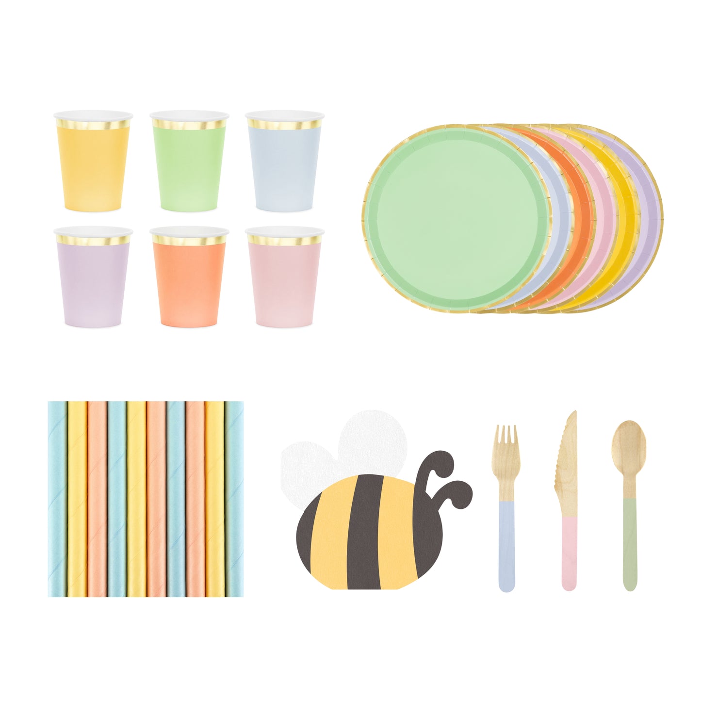 Colorful party supplies including cups, plates, napkins, and cutlery on a white background