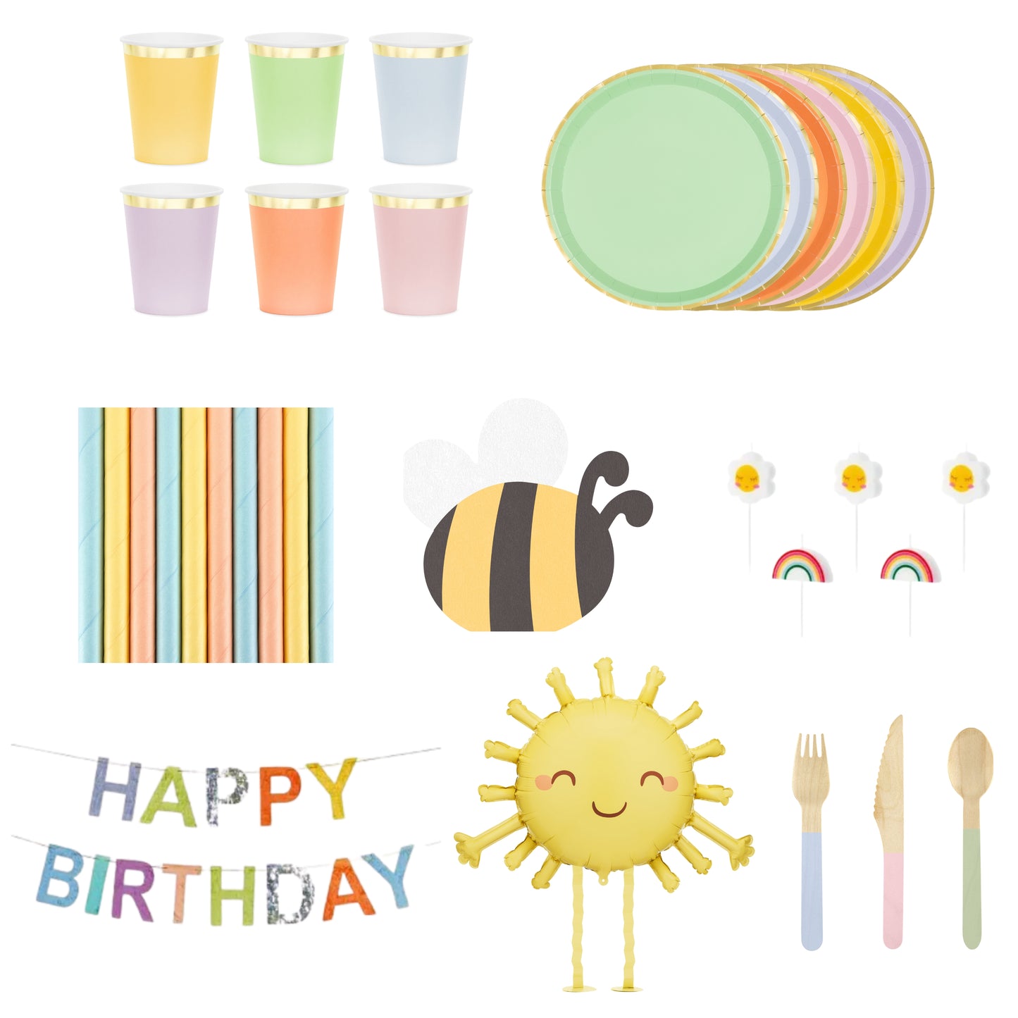 Colorful party supplies including cups, plates, napkins, a bee decoration, a sun decoration, and cutlery on a white background.