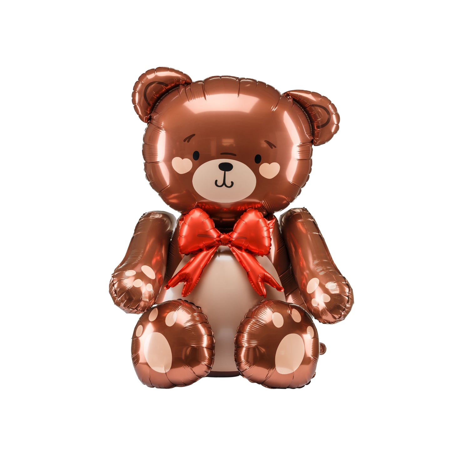 Brown teddy bear balloon with a red bow on a white background