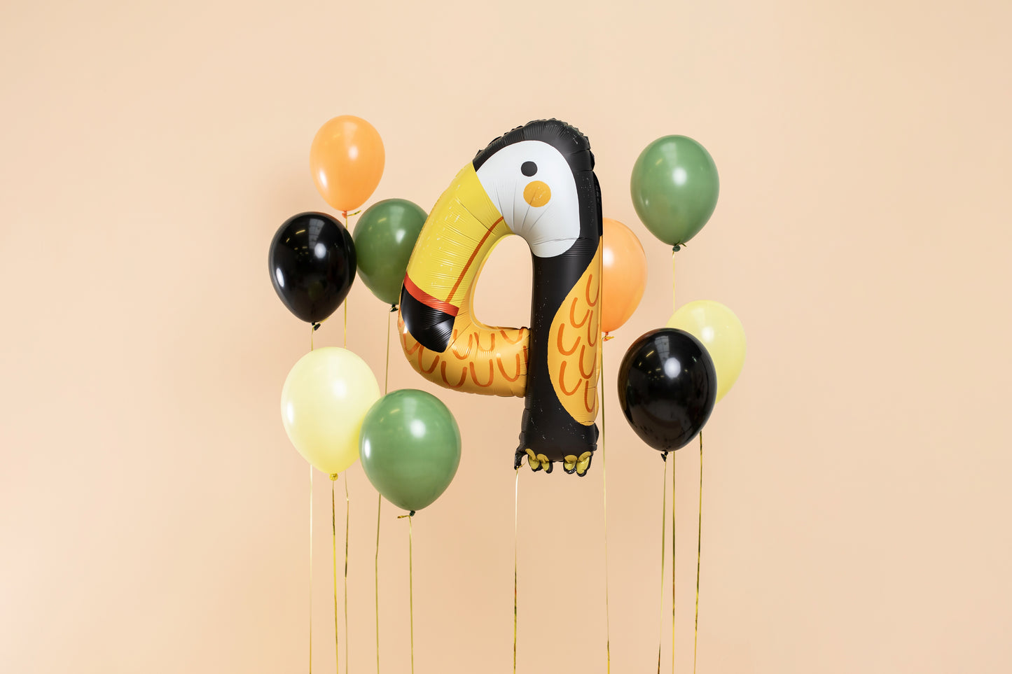 Toucan-shaped number 4 foil balloon with tropical colors