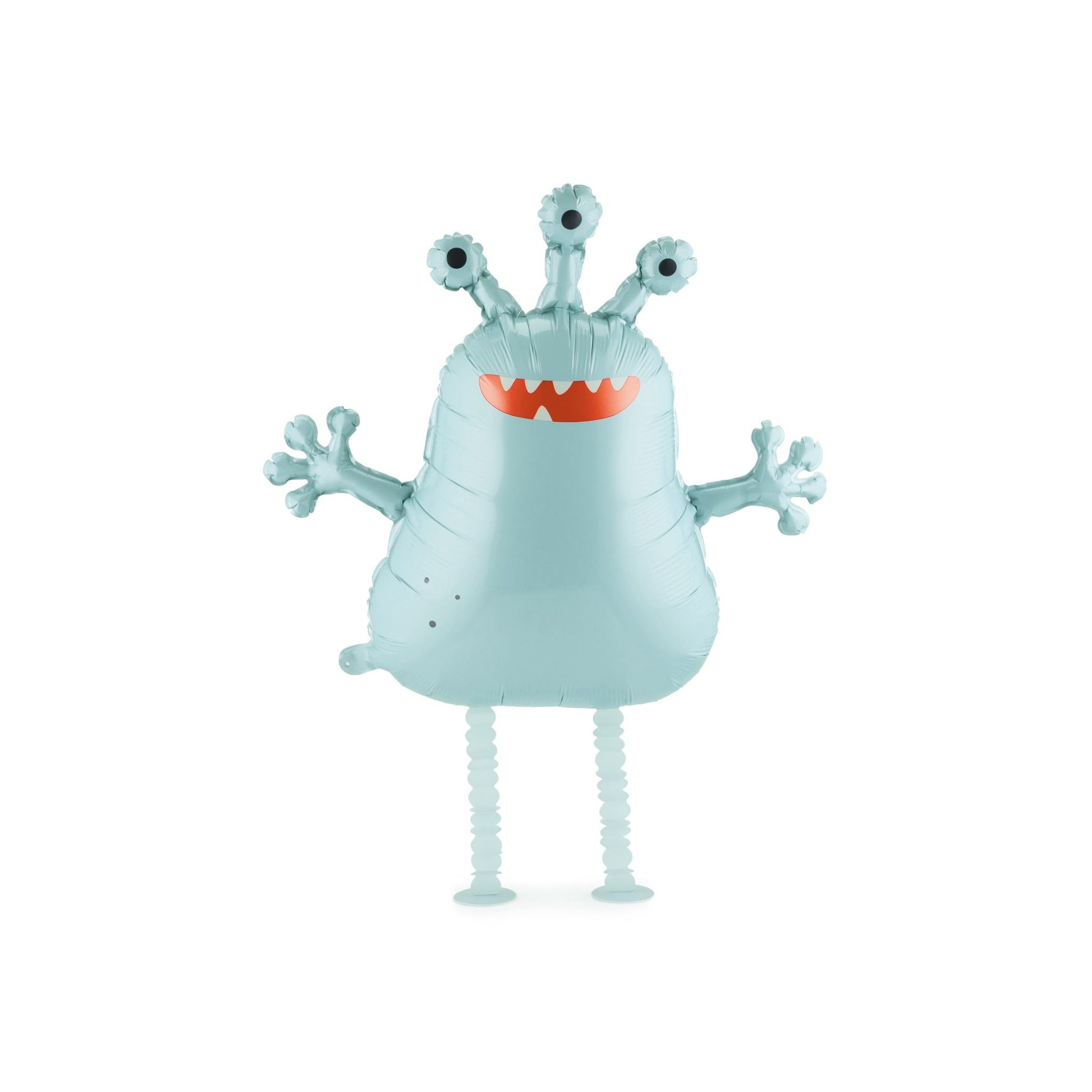 Light blue monster balloon with multiple eyes and a red mouth on a white background