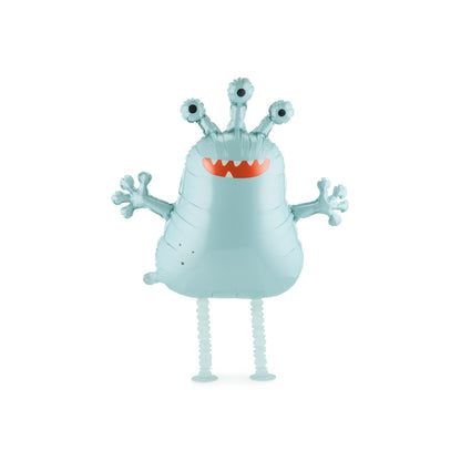 Light blue monster balloon with multiple eyes and a red mouth on a white background