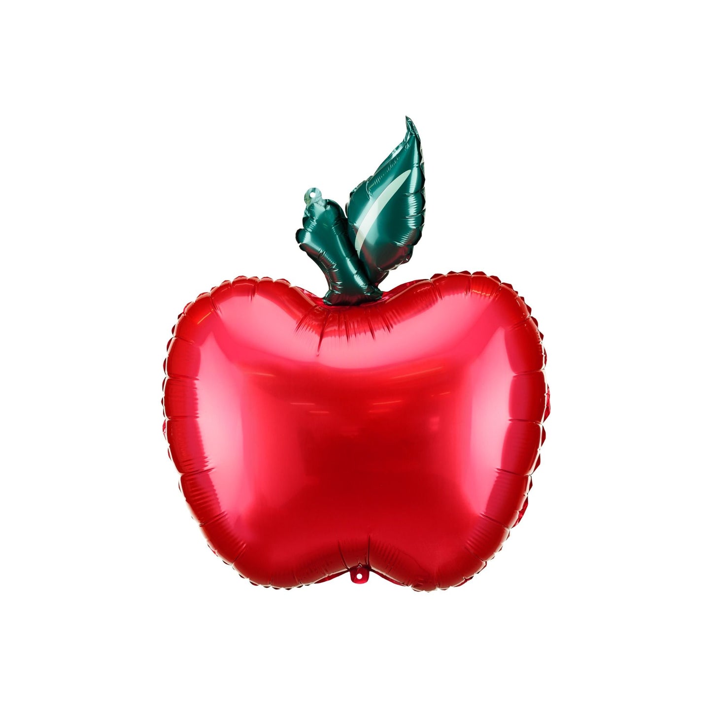 Red apple-shaped balloon with a green stem on a white background