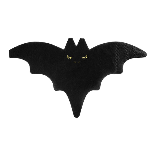 Black bat-shaped napkins with gold eyes on a white background