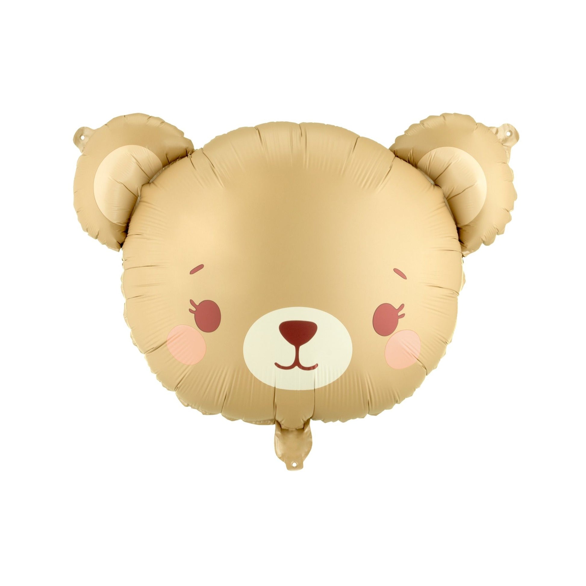 Gold bear-shaped balloon with a face on a white background