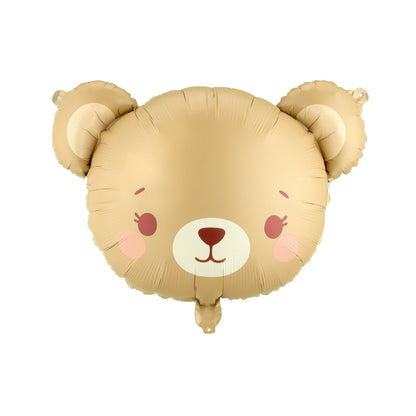 Gold bear-shaped balloon with a face on a white background
