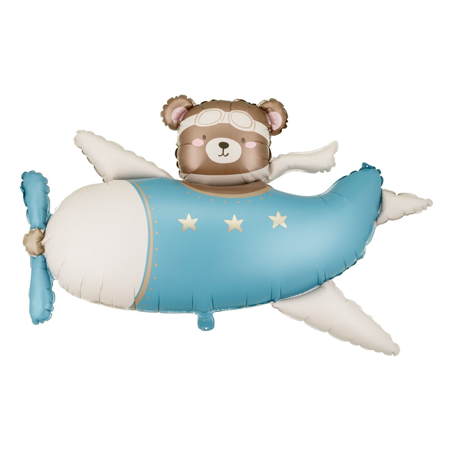 Teddy bear in an airplane-shaped balloon on a white background
