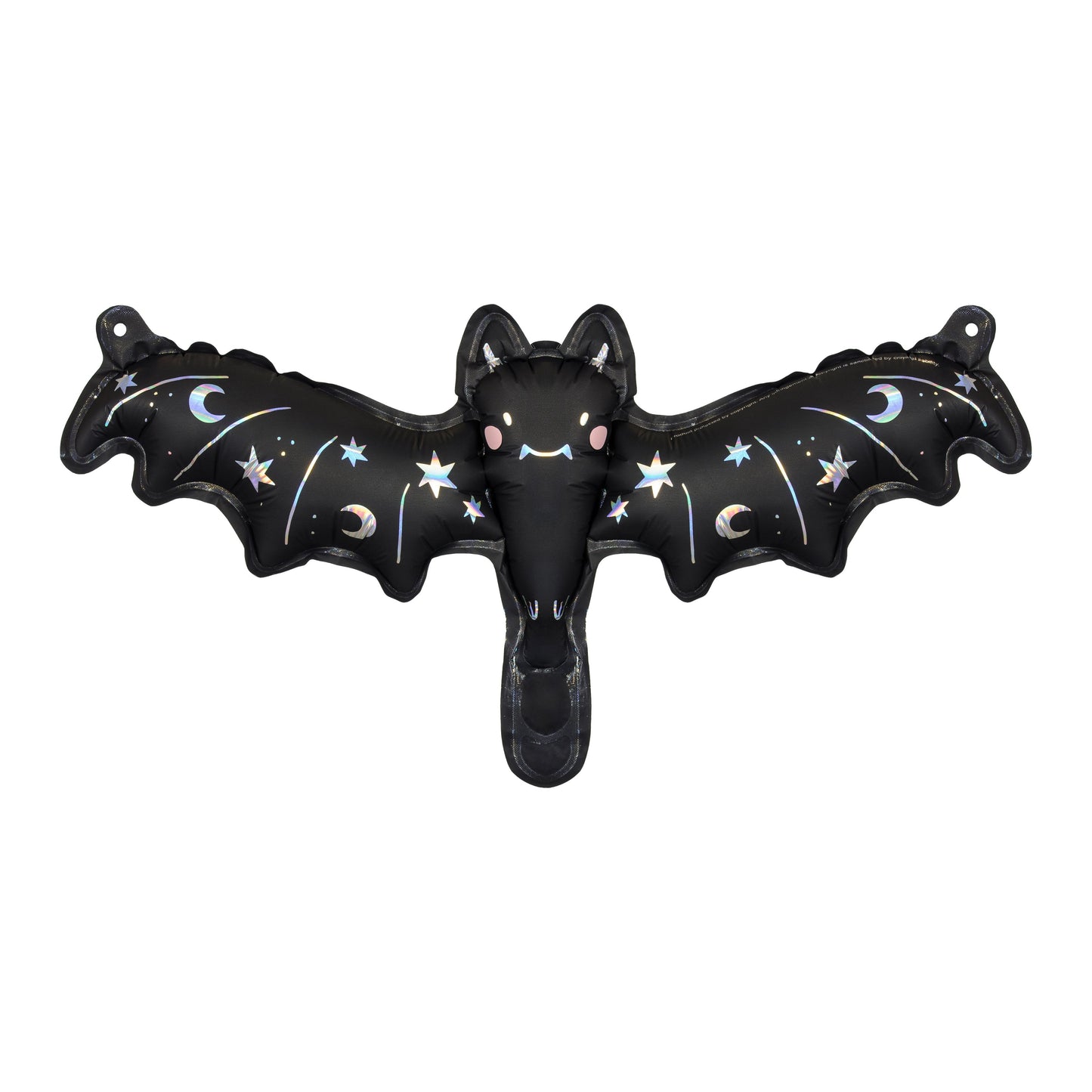 Black bat-shaped inflatable with star and moon designs on a white background