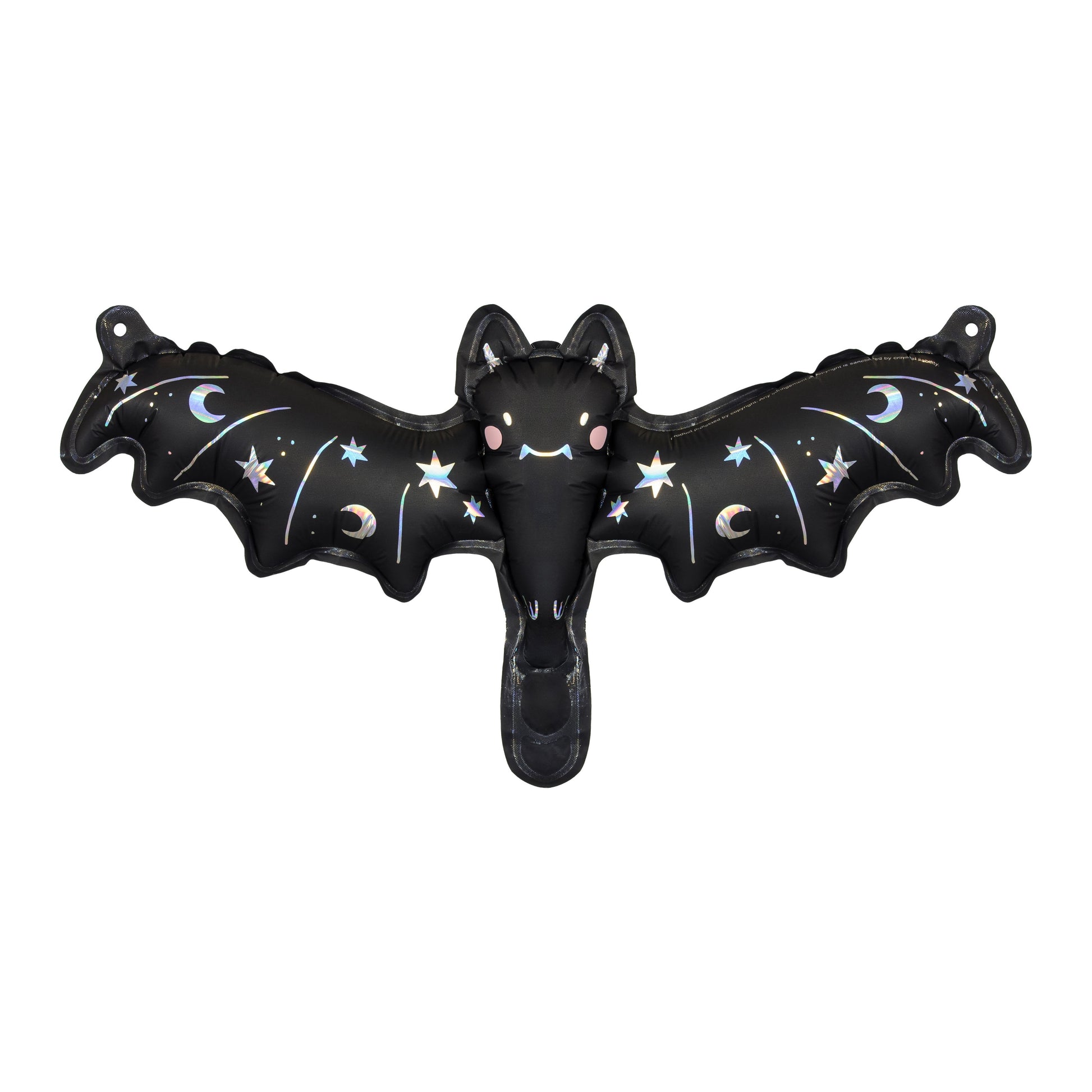 Black bat-shaped inflatable with star and moon designs on a white background