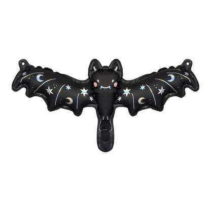 Black bat-shaped inflatable with star and moon designs on a white background