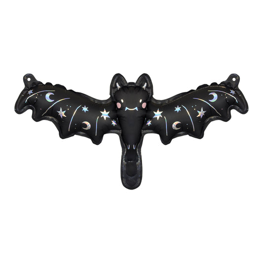 Black bat-shaped inflatable with star and moon designs on a white background