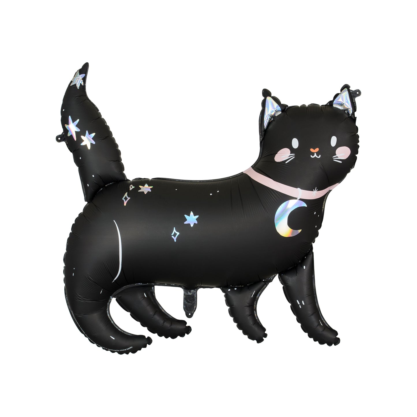 Black cat-shaped balloon with star and moon designs on a white background