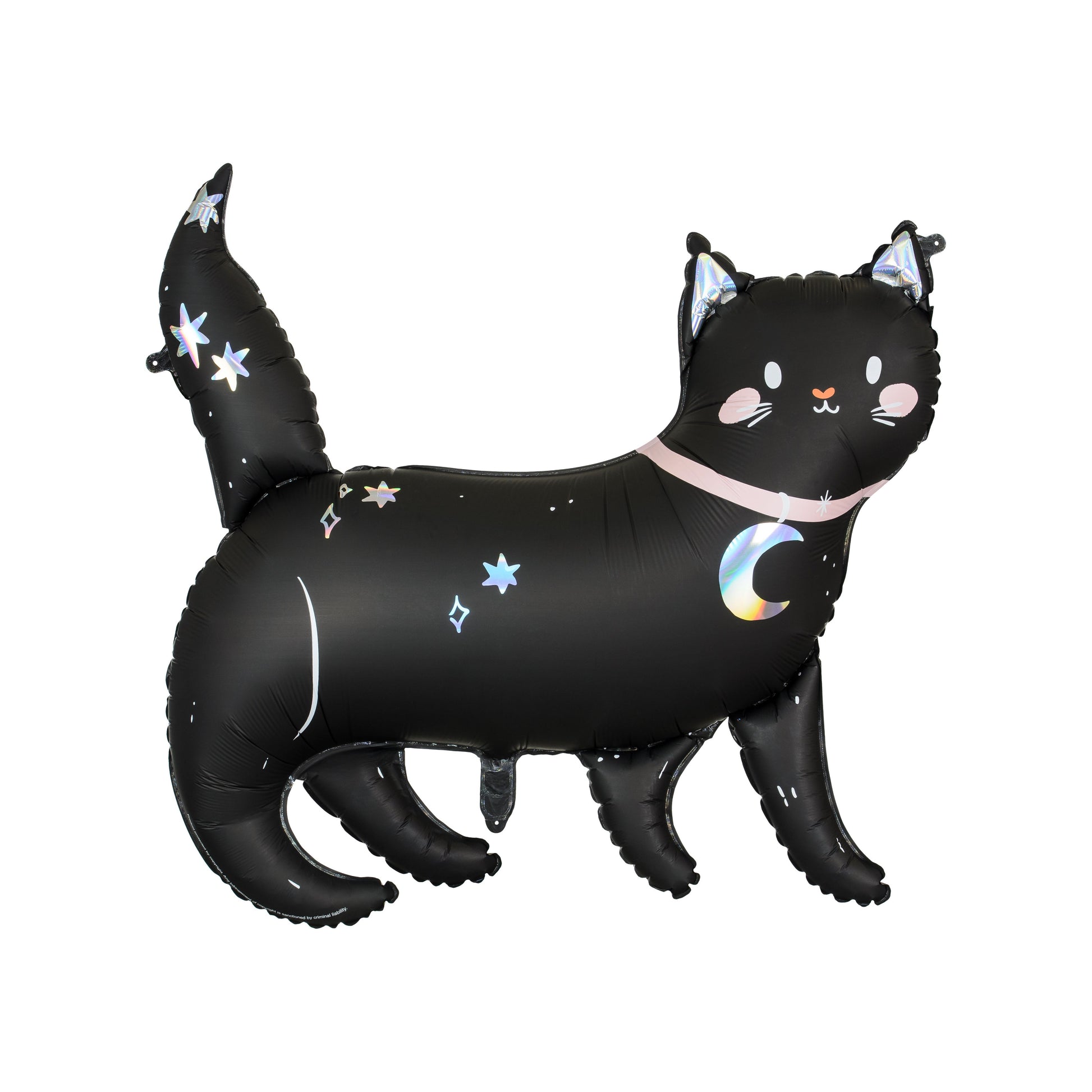 Black cat-shaped balloon with star and moon designs on a white background