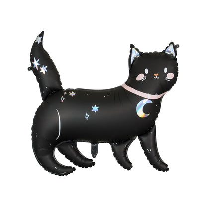 Black cat-shaped balloon with star and moon designs on a white background