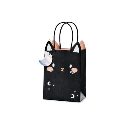 Black cat-themed gift bag with white details on a white background