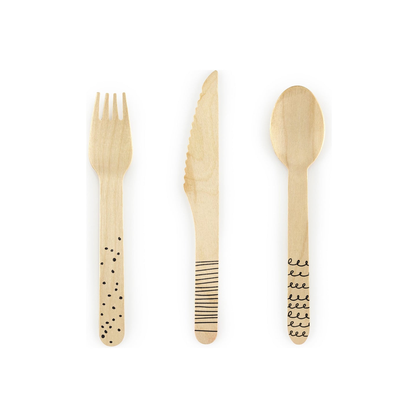 Set of three wooden cutlery items with black patterns on a white background
