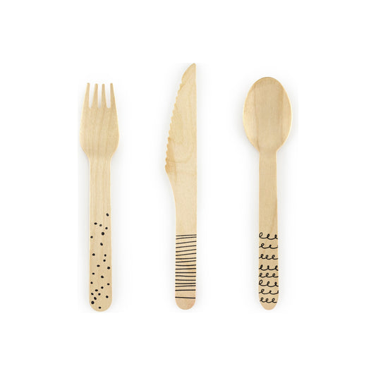Set of three wooden cutlery items with black patterns on a white background