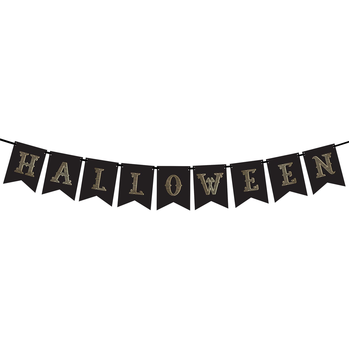 Halloween banner with gold lettering on black flags against a white background