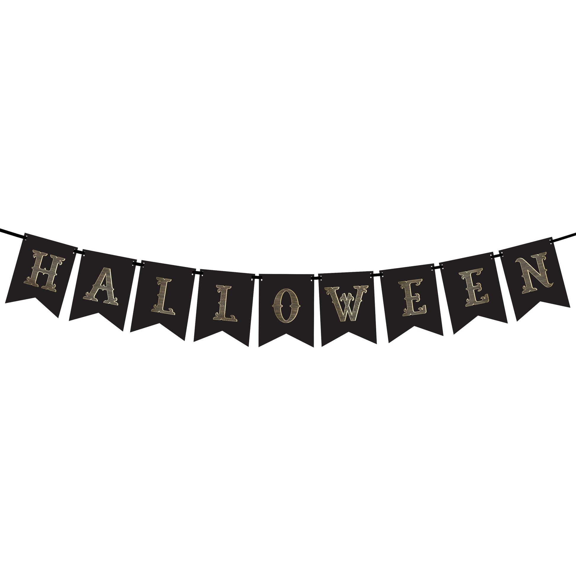 Halloween banner with gold lettering on black flags against a white background