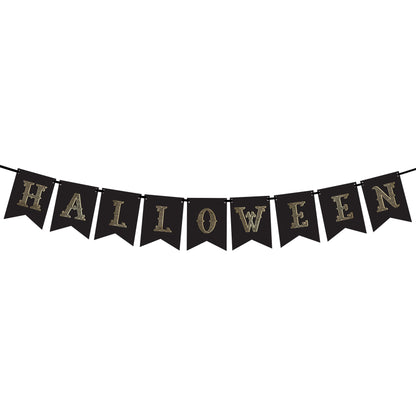 Halloween banner with gold lettering on black flags against a white background