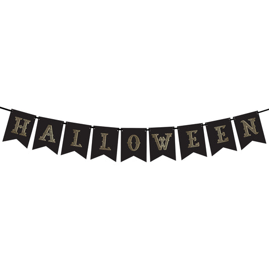 Halloween banner with gold lettering on black flags against a white background