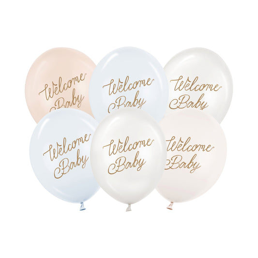 Set of balloons with 'Welcome Baby' text on a white background