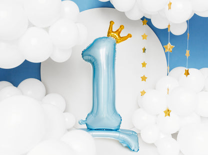 Blue standing foil balloon number 1 with crown