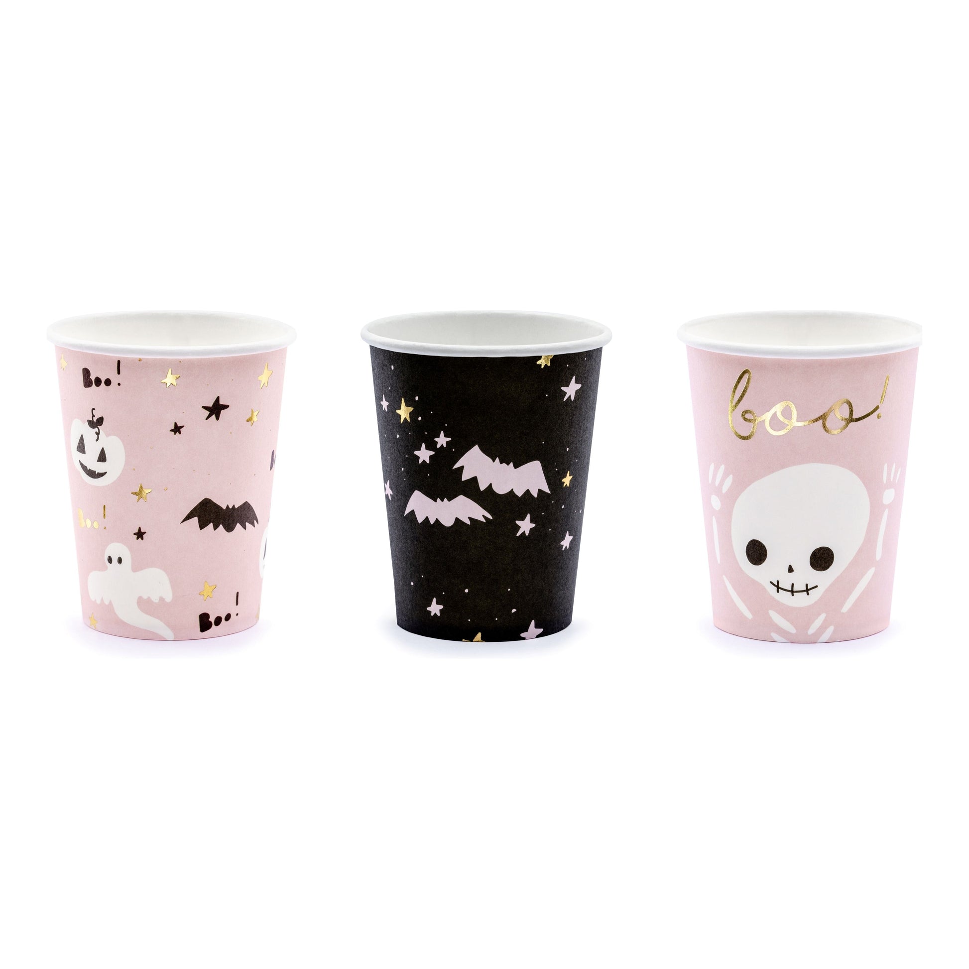 Three Halloween-themed paper cups with pink, black, and white designs on a white background.
