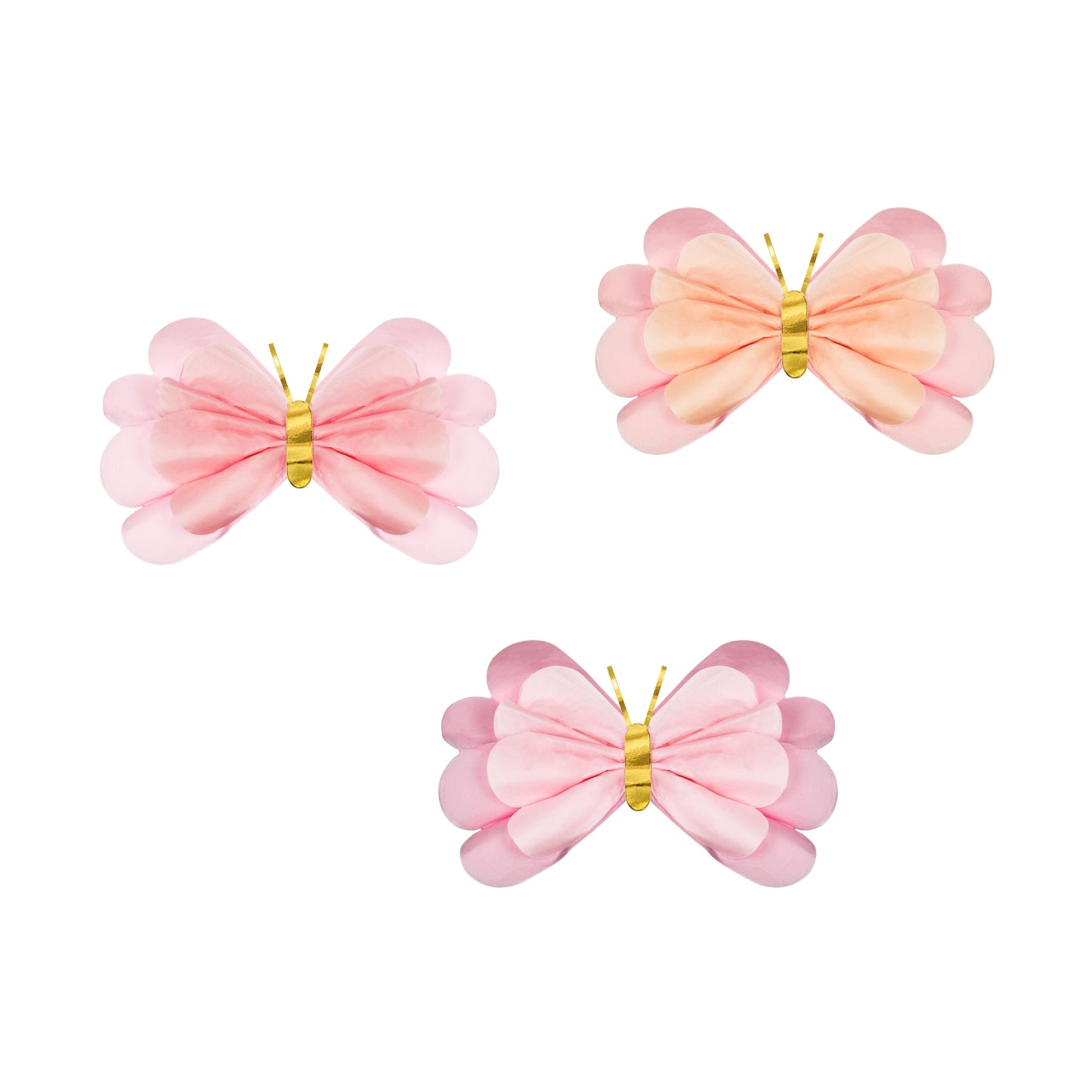 Three pink butterfly-shaped paper deco on a white background