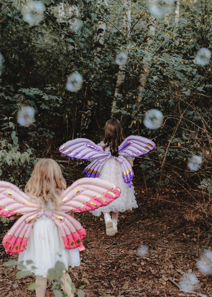 Two children in fairy costumes with wings walking through a forest.
