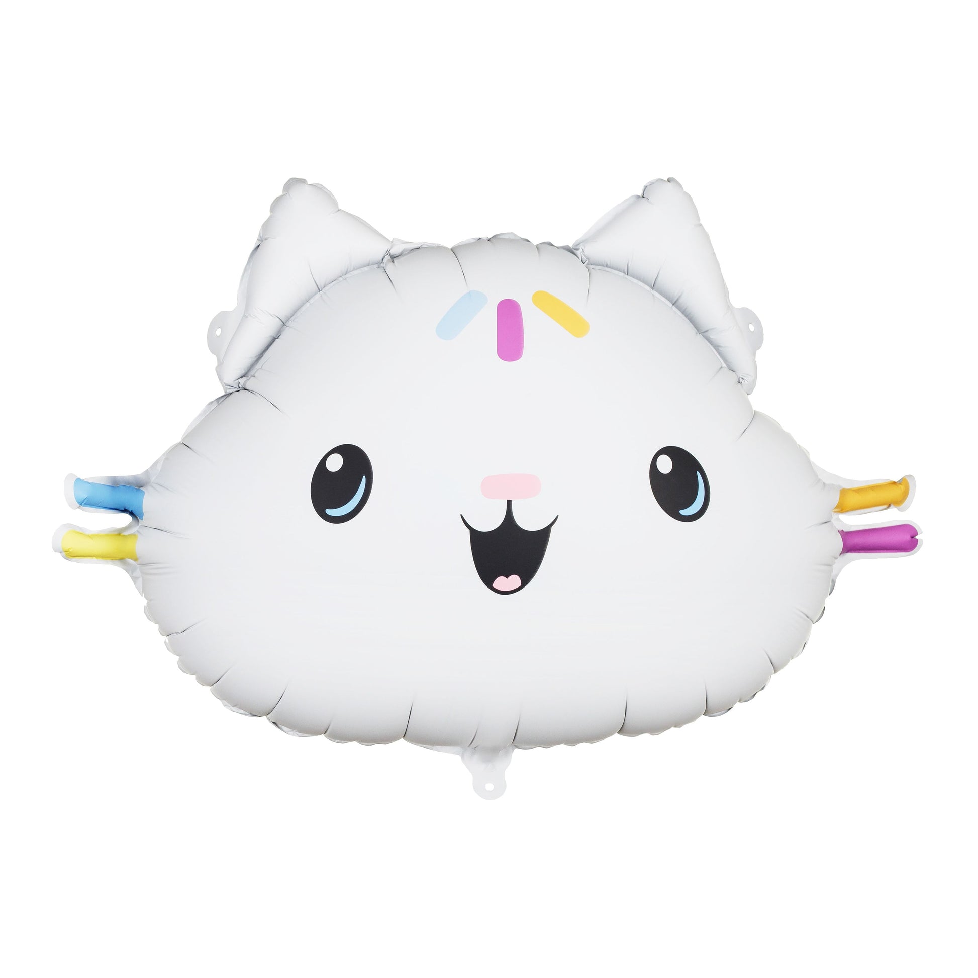 White cloud-shaped balloon with colorful accents on a white background