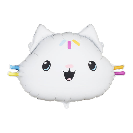 White cloud-shaped balloon with colorful accents on a white background