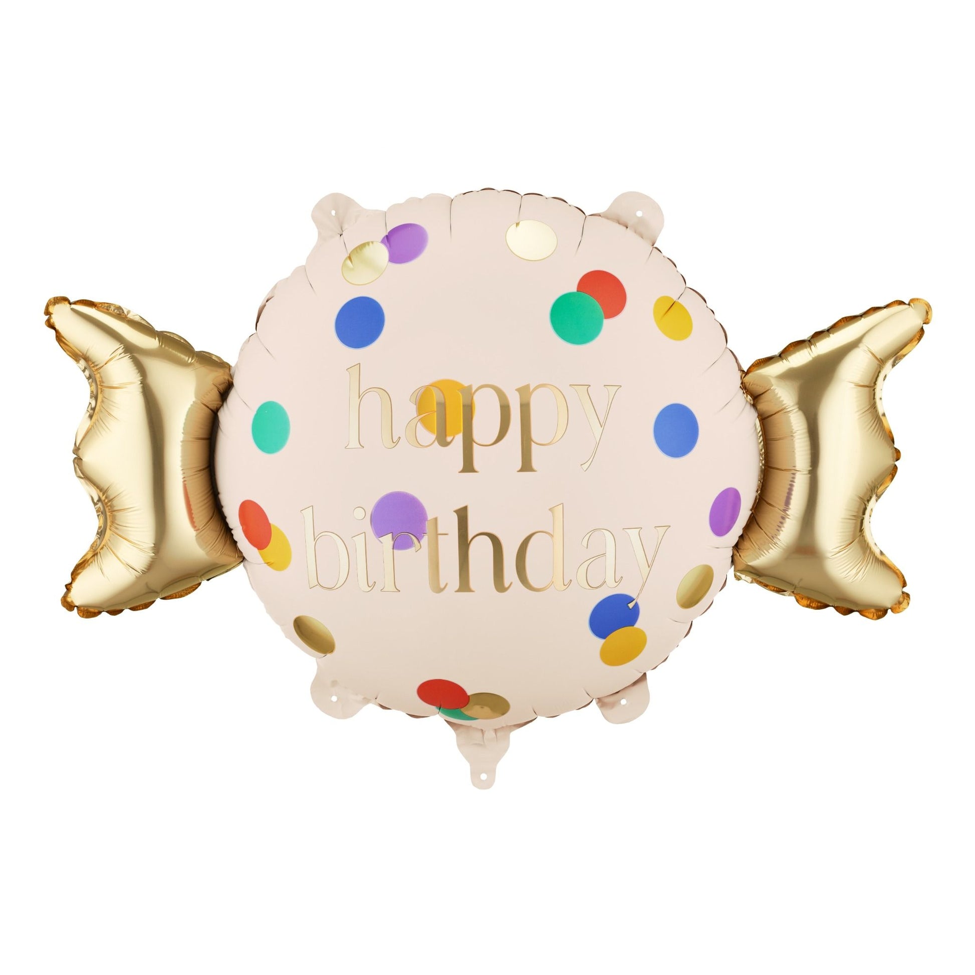 Foil balloon shaped like a candy with 'happy birthday' text and colorful polka dots on a white background