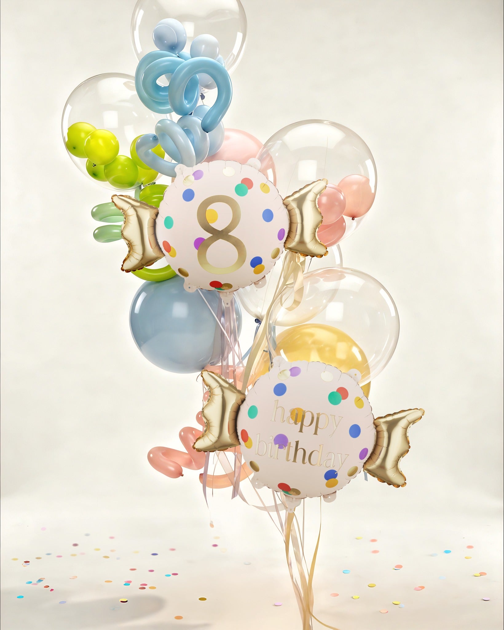 Colorful balloon bouquet with number 8 and '1st' on a light background