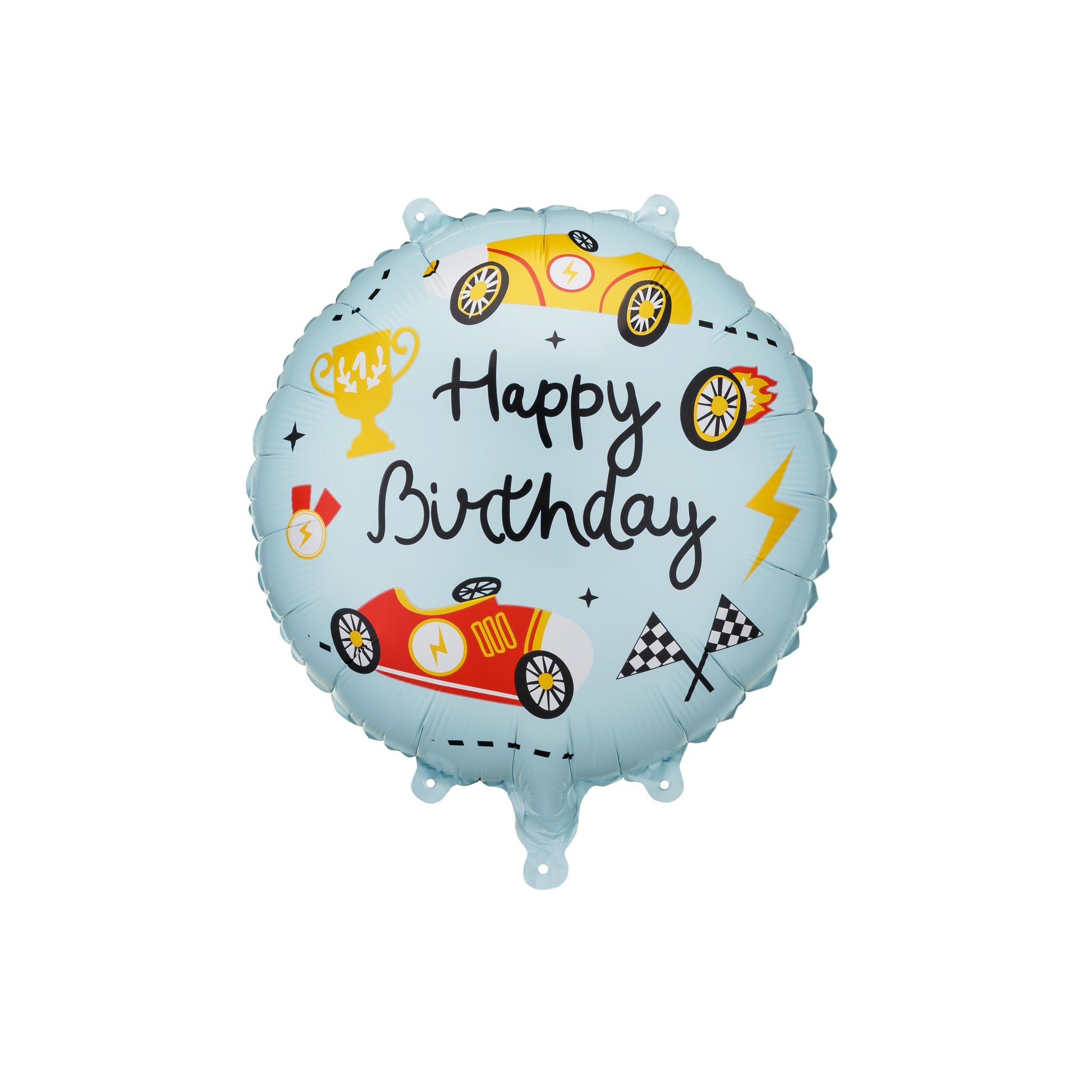 Round blue birthday balloon with race car and trophy designs on a white background