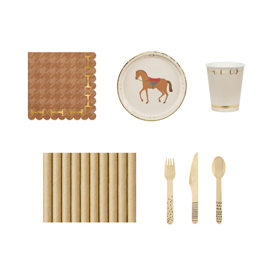 Collection of party supplies including plates, cups, straws, and cutlery with a horse design on a white background.