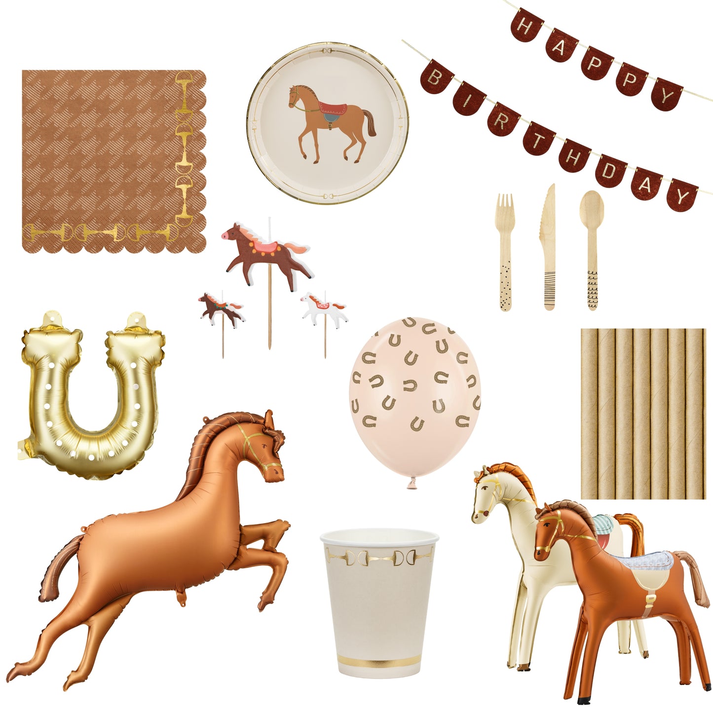 Collection of horse-themed party supplies including balloons, plates, and banners on a white background.