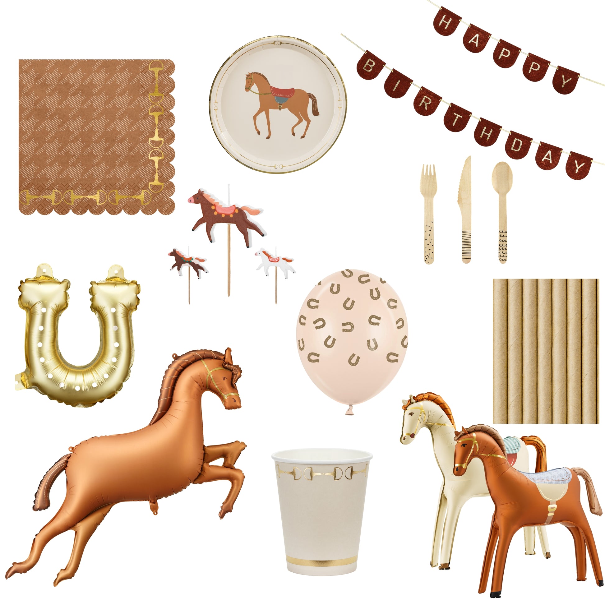 Collection of horse-themed party supplies including balloons, plates, and banners on a white background.