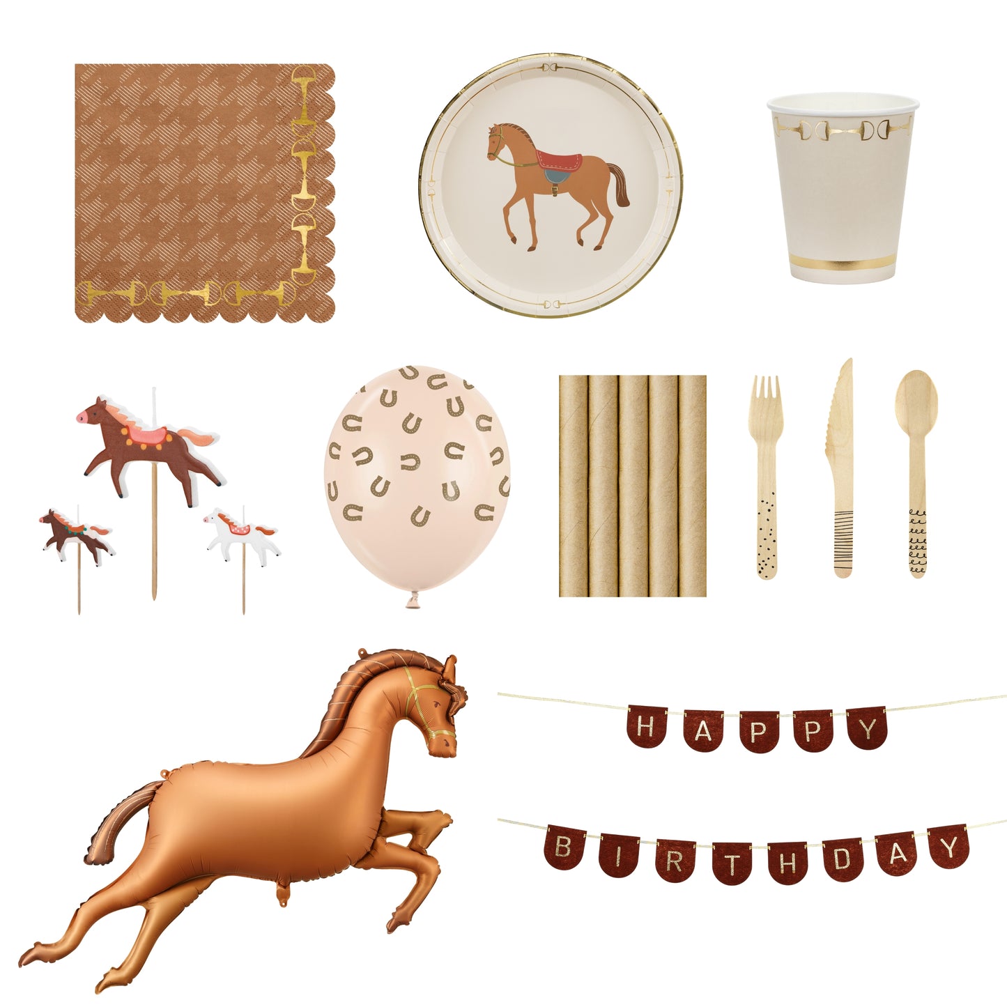 Collection of horse-themed party supplies including plates, cups, balloons, and decorations on a white background.