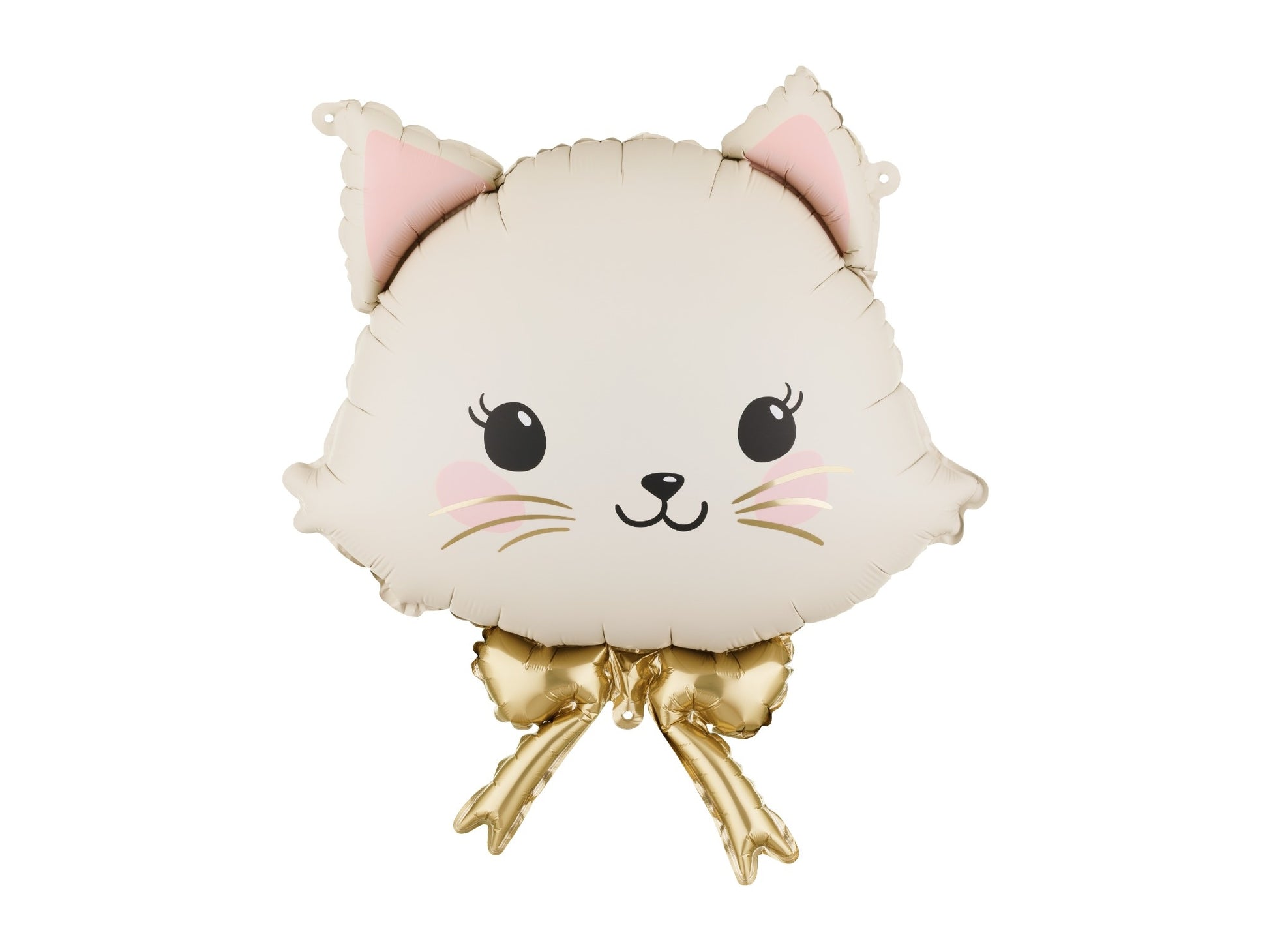 Cat-shaped balloon with a gold bow on a white background